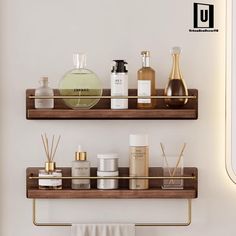 two wooden shelves filled with different types of skin care products on top of each other