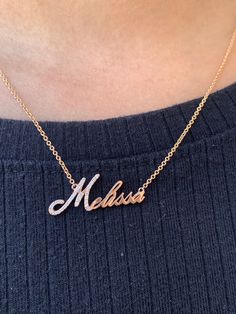 MaterialsGold, Diamond DescriptionUp for sale is a beautiful 14K Custom Diamond Italicized Cursive Name Necklace. Specifications:-Model #: DHODNAMSPEND-Metal Type: Rose, Yellow, and White Gold-Metal Purity: 14K-Gold Dimensions: 8MM Height for Uppercase-Total Diamond Weight: 0.15 approx. each stone, carats depend on custom name-Color: F-G-Clarity: SI Brief Overview:-Free Chain Included-14 Day Return Policy-Conflict Free Diamonds-Satisfaction Guarantee-Black Velvet Box Included W/ Purchase. *NO RE Customizable Rose Gold Pendant Jewelry, Customizable Rose Gold Pendant Necklace, Personalized Rose Gold Elegant Necklace, Elegant Personalized Rose Gold Necklace, Elegant Named Cubic Zirconia Jewelry, Rose Gold Name Necklaces For Wedding, Luxury Hallmarked Rose Gold Diamond Necklace, Dazzling Necklace With Polished Finish As Gift, Rose Gold Pendant Name Necklace For Anniversary