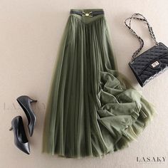 Lasaky - High-Waisted Half Skirt with Pleated Mesh Letters Design Summer High Waist Green Pleated Skirt, Spring Green High-waisted Pleated Skirt, High Waist Green Pleated Skirt For Spring, Skirts Fall, Tulle Skirts, Half Skirt, Simple Green, Asymmetrical Skirt, Fall Skirts