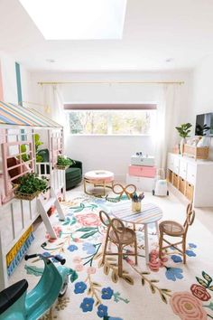 a child's playroom with toys, furniture and decor in pastel colors