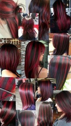 Red Draculaura Hair, Cherry Red Hair With Black Highlights, Red And Black Skunk Hair, Red With Black Hair, Chunky Red Highlights, Red With Black Highlights, Red Highlights On Black Hair, Skunk Highlights, Black And Red Hair