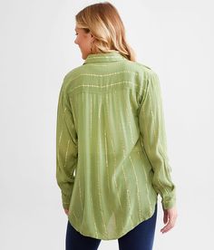 Women's Metallic Striped Shirt In Green By Daytrip., Women's Sage Crinkle woven button down high low hem shirt Bust measures 36 on size small Body length 26 on size small. Layering piece(s) and/or accessories sold separately.. 100% Rayon. Hand wash cold separately. Do not bleach. Line dry. Do not iron.. Measurements: Bust -Fullest part of bust with arms at sides. Waist -Circumference of natural waist: above belly button below rib cage. Hips -Standing with feet together fullest part of hips. WOME Fall Rayon Button-up Shirt, Fall Button-up Rayon Shirt, Spring Rayon Shirt With Shirttail Hem, Rayon Shirt With Shirttail Hem For Spring, Striped Shirt Women, Waist Circumference, Women Shirts Blouse, Rib Cage, Shirt For Women