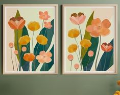 two paintings on the wall with flowers in them