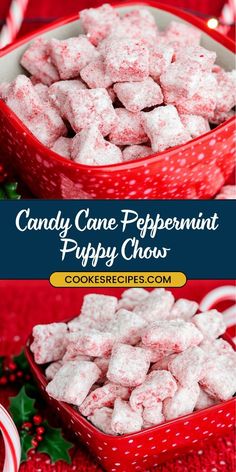 candy cane peppermint puppy chow in a red bowl