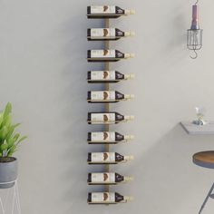 a wall mounted wine rack filled with bottles next to a potted plant on a table