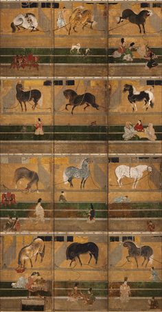 an old painting with horses and dogs in different stages of being chased by another animal