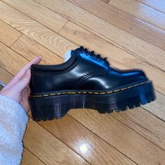 Size Us Women’s 7 (Men’s 6) Never Worn, Brand New, In Original Packaging, Dr. Martens 8053 Quad Black Polished Leather Smooth Platforms! Dm Me If You Have Any Questions:) Price Negotiable #Drmarten #Docmartens #Platforms #Platformdocs #Leather Black Leather Shoes With Lug Sole For Fall, Black Leather Shoes With Platform And Pointed Toe, Black Platform Leather Shoes For Formal Occasions, Black Leather Platform Shoes For Formal Occasions, Formal Black Platform Leather Shoes, Formal Black Leather Platform Shoes, Black Leather Shoes With Lug Sole And Pointed Toe, Black Leather Shoes With Reinforced Heel, Black Leather Shoes With Lug Sole For Work