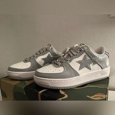 These Are Brand New Bape (Bathing Ape) Sneakers In Size 8 In Womens And 6 In Mens, In Silver And White. They Are In Perfect Condition, Only Selling Because I Was Sent Incorrect Size. Leng Shoes, Bapesta Shoes, Bape Shoes, Bape Sneakers, Bape Camo, Painted Canvas Shoes, Bape Men, Desired Reality, Purple Camo