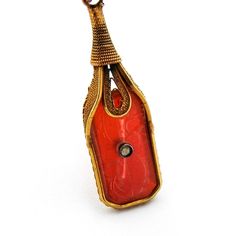 "Magnificent Ornate 10K Yellow Gold Filigree Necklace with inset rectangular Carnelian stones that feature carved Crystal tops with ornate foliate and scroll decorations. c.1910. This wonderful necklace measures 16 1/16\" long with a 1 5/16\" long dangle and weighs 14g. The two smaller Carnelian and carved crystal stones measure 15mm x 7mm, while the larger stone measures 18mm x 10mm. Eb7001" Antique Rectangular Formal Necklace, Antique Handmade Rectangular Necklace, Collectible Art Nouveau Carved Jewelry, Vintage Bronze Rectangular Jewelry, Antique Bronze Rectangular Jewelry, Antique Rectangular Bronze Jewelry, Victorian Engraved Rectangular Necklace, Antique Engraved Necklace With Rectangular Pendant, Ornate Rectangular Jewelry For Collectors