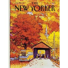 an advertisement for the new yorker, featuring a car parked in front of a covered bridge