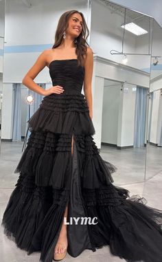 Elegant Black Ruched Strapless Dress For Gala, Black Ruched Strapless Dress For Gala, Black Strapless Evening Dress With Ruched Bodice, Elegant Formal Tulle Strapless Dress, Black Prom Dress With Pleated Bodice, Elegant Black Ruched Strapless Dress, Black Pleated Bodice Prom Dress, Black Strapless Tulle Evening Dress, Black Strapless Dress With Ruched Bodice