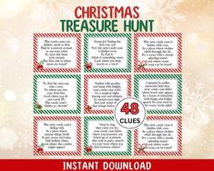 the christmas treasure hunt game is shown in red and green