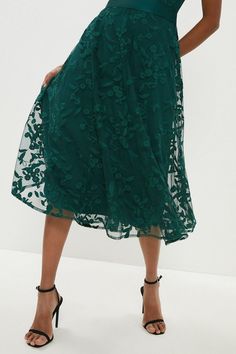 Style: Fit & Flare DressDesign: EmbroideredFabric: MeshLength: MidiNeckline: Round NeckSleeve Length: Long Sleeve Embroidered Cap, Embroidered Caps, Green Midi Dress, Midi Dress With Sleeves, Cap Sleeve, Lace Skirt, Cap Sleeves, Buy Online, Midi Dress