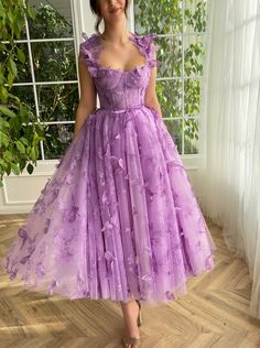 Whimsical Flutter Midi Gown Tea Length Homecoming Dresses, Wedding Guest Dresses Long, Lace Beach Dress, Holiday Dresses Women, Formal Ball Gown, Skirt Purple, 3d Butterfly, Prom Designs, Women Formals