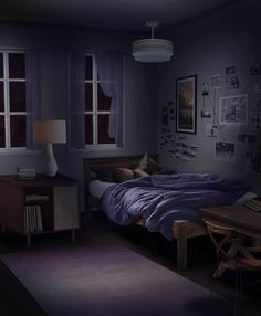 a dark room with a bed, desk and two windows that have pictures on the wall