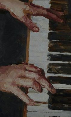 a painting of two hands playing the piano keys with one hand on top of the piano