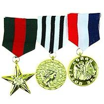 three medals with different colors and designs on them