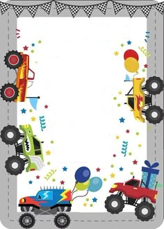 a birthday card with monster trucks, balloons and streamers on the front of it