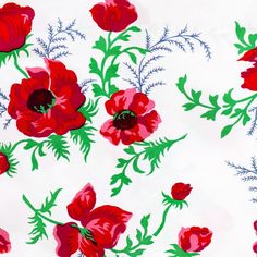 red flowers on white background with green stems and leaves in the center, painted by hand