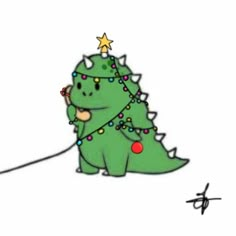 a drawing of a green christmas tree with lights on it's head and a star on its top