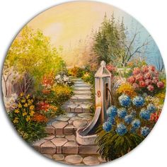 a painting of a garden scene with flowers and steps leading to a gate in the middle