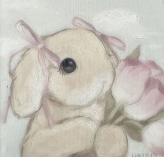 a pastel drawing of a teddy bear with pink roses in its mouth and nose