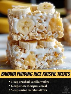 banana pudding rice krispie treats stacked on top of each other