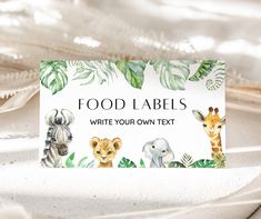 an animal themed place card with the words food labels write your own text on it