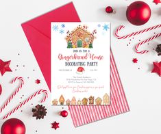 a red and white christmas party card with gingerbread house on it, surrounded by candy canes