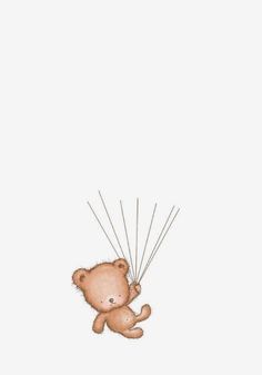 a brown teddy bear flying through the air holding onto some strings that say belly emme