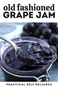 a spoon full of grape jam sitting on top of a table next to some grapes