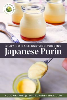 there is a spoon with some pudding in it and the words silky no - bake custard pudding