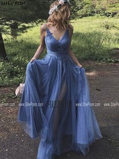 Buy Elegant Blue Long Tulle V Neck Prom Dress With Lace id#TZ1368 at SheProm. SheProm.com is an online store with thousands of formal dresses. Shop 100% authentic prom dresses with free standard shipping. Flowy Prom Dresses Boho, Cecilia Core, Blue Lace Prom Dress, Prom 23, Lace Long Prom Dress, Adorable Dresses, Matric Dance, Fantasy Ideas, Prom 2023