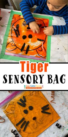 a young boy is making a paper bag with the words tiger on it and an image of