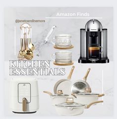 the kitchen essentials are on display in front of a white marble background with text that reads amazon finds