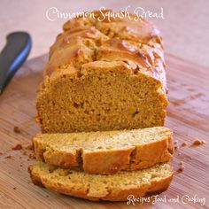 a loaf of cinnamon squash bread sitting on top of a wooden cutting board