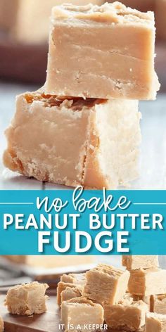 three pieces of peanut butter fudge stacked on top of each other with text overlay