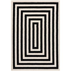 a black and white rug with an interlocked square pattern on the bottom half