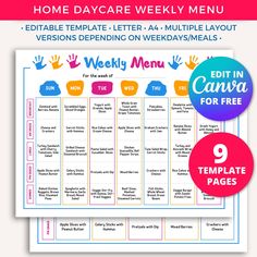 a printable meal planner with the words,'home daycare weekly menu '