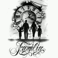 a family standing in front of a large clock with the word families written below it