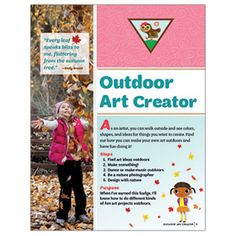 an outdoor art creator book with a girl in pink jacket and black pants standing next to leaves