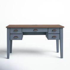 a blue desk with two drawers on one side and an open drawer on the other