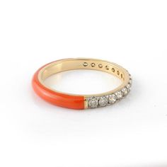 This is part of Chairish’s Fine Jewelry assortment.  Chic Orange Enamel Diamond Stacking Ring in 14k Gold. A fun, colorful, and personalized addition to your ring stack! Stay on trend by adding these flamboyant enamel pieces and give yourself a fresh look! April birthstone diamond brings love, fame, success and prosperity. Lightweight and beautiful, this is a great gift for anyone on your list. Show your endless love by gifting this ring to your partner and make her feel even more special.  PROD Yellow Gold Stackable Enamel Rings, Stackable Yellow Gold Enamel Ring, Stackable Round Enamel Ring For Anniversary, Yellow Gold Enamel Stackable Rings, Stackable Yellow Gold Enamel Jewelry, White Enamel Stackable Ring, White Stackable Enamel Ring, Stackable Enamel Jewelry, Stackable Yellow Gold Enamel Ring For Anniversary