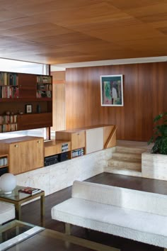 a living room filled with furniture and bookshelves next to a plant on top of a table