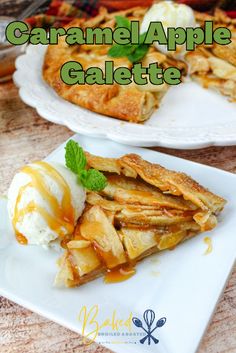 caramel apple galette on a white plate with ice cream