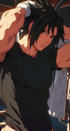 an anime character with black hair and no shirt on holding his arm behind his head