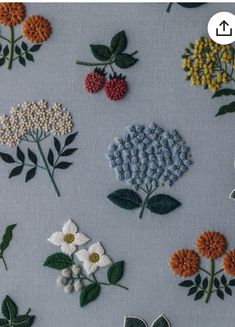 various flowers and leaves are embroidered onto the blue fabric with green leaves on each side