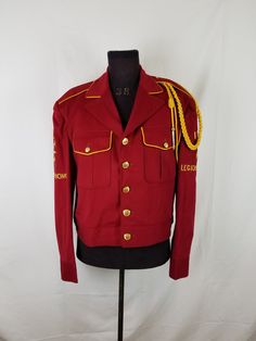 "Good vintage condition Irem Shrine uniform jacket Marked: Length 22.5 sleeve 19 Chest 45 Waist 43 George Gregory #3032 B-5 Measures: Chest 48 Waist 42, adjusts smaller with buttons Sleeve 26.5\" Shoulders 21 Burgundy color Gold embroidery Shoulder ropes" Embroidery Shoulder, Legion Of Honor, Uniform Jacket, Victorian Blouse, Burgundy Jacket, Bow Blouse, Gold Embroidery, Burgundy Color, Kingston