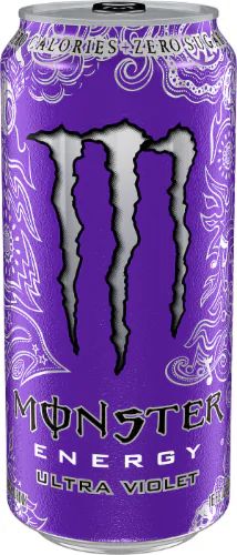 monster energy drink can with purple and white graphics