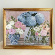 a painting of blue and pink flowers in vases